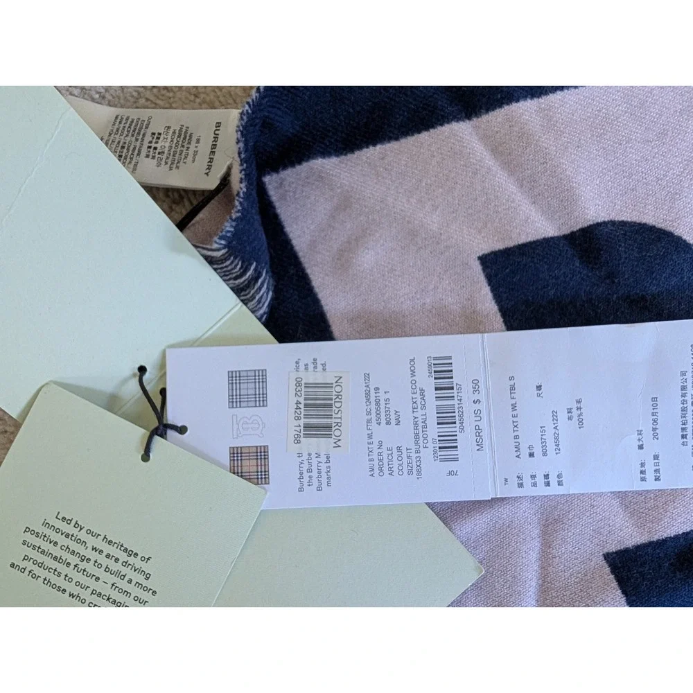 Burberry Blue and White Spellout Football Scarf 100% Wool NWT 80337151